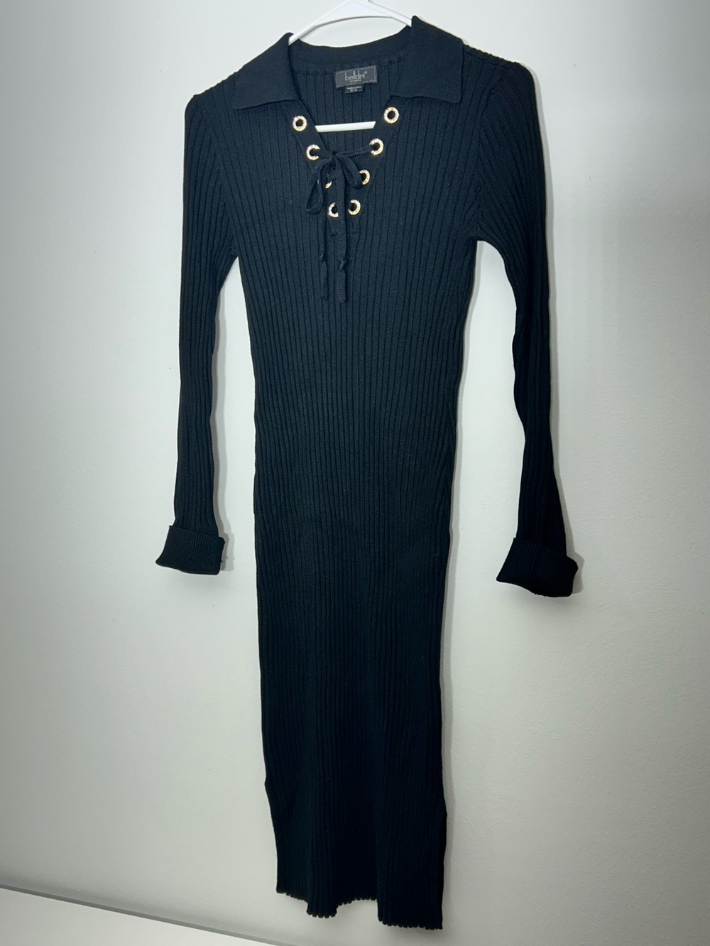 Belldini Black Ribbed Collar LaceUp Knit Midi Dress Long Sleeve Side Slit Size M